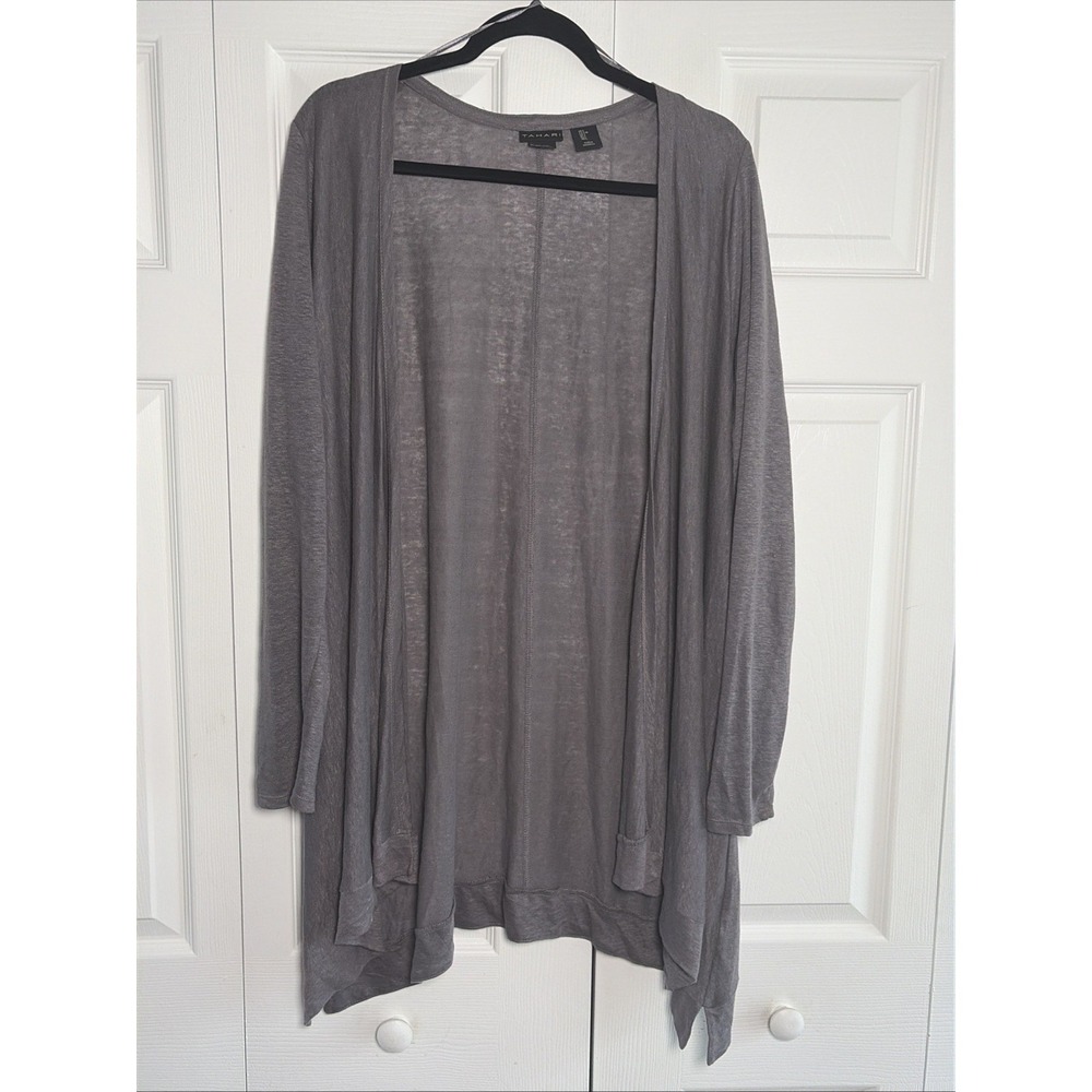 Tahari Open Front Cardigan Womens Size L Grey Draped Linen Open Cardigan Sweater